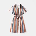 All Over Striped Lapel Button Down Belted Half-sleeve Midi Shirt Dress for Mom and Me Multi-color