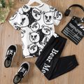 2pcs Kid Boy Animal Bear Print Short-sleeve Tee and Letter Print Black Pants Set Black/White