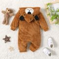 Baby Boy/Girl Bear Embroidered 3D Ears Hooded Long-sleeve Zip Up Thermal Fuzzy Jumpsuit Brown image 5