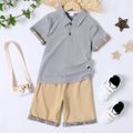 2pcs Kid Boy Plaid Design Short-sleeve Gray Polo Shirt and Elasticized Shorts Set Light Grey image 1