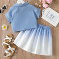 2pcs Kid Girl Lapel Collar Tie Knot Short-sleeve Denim Color Shirt and Gradient Color Skirt Set DENIMBLUE