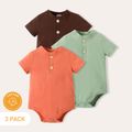 3-Pack Baby Boy 95% Cotton Solid Short-sleeve Button Front Rompers Set ColorBlock