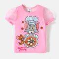 Tom and Jerry Kid Girl Letter Print Mesh Puff-sleeve Pink Tee Pink