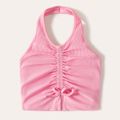Kid Girl Solid Color Ruched Bowknot Design Backless Halter Camisole Pink