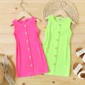 Toddler Girl Button Design Ribbed Solid Color Sleeveless Dress Green image 2