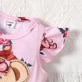 Baby Girl Allover Cartoon Bear Print Pink Flutter-sleeve Romper Pink
