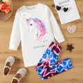 2pcs Kid Girl Letter Unicorn Print Long-sleeve Sweatshirt and Allover Print Colorblock Leggings Set White