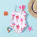 Baby Girl Bow Front Ruffle Trim Detail Allover Ice Cream Cone Print One-Piece Swimsuit Pink