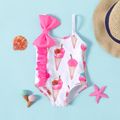 Baby Girl Bow Front Ruffle Trim Detail Allover Ice Cream Cone Print One-Piece Swimsuit Pink