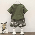 2pcs Toddler Boy Trendy Patch Embroidered Tee and Camouflage Print Shorts Set Army green