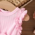 Baby Girl Pink Rib Knit Ruffle Trim Bowknot Spliced Floral Applique Mesh Tank Dress Pink image 3
