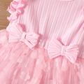Baby Girl Pink Rib Knit Ruffle Trim Bowknot Spliced Floral Applique Mesh Tank Dress Pink image 4