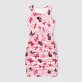 Allover Pink Butterfly & Leopard Print Ruched Bodycon Tank Dress for Mom and Me Pink