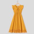 Yellow Swiss Dot Lace Hem Flutter-sleeve Dress for Mom and Me Yellow