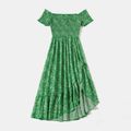 Family Matching Allover Floral Print Green Off Shoulder Shirred Ruffle Split Dresses and Short-sleeve Striped T-shirts Sets Green