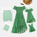 Family Matching Allover Floral Print Green Off Shoulder Shirred Ruffle Split Dresses and Short-sleeve Striped T-shirts Sets Green