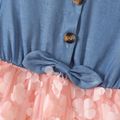 Kid Girl 3D Floral Design Mesh Denim Splice Bowknot Long-sleeve Dress DENIMBLUE