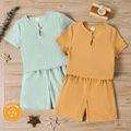 2pcs Kid Boy 100% Cotton Solid Color Button Design Short-sleeve Tee and Elasticized Shorts Set Turquoise