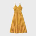 Family Matching 100% Cotton Eyelet Embroidered Cami Dresses and Striped Colorblock Short-sleeve Polo Shirts Sets Yellow