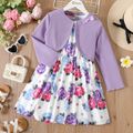 2pcs Kid Girl Floral Print Sleeveless Dress and Long-sleeve Purple Bowknot Design Cardigan Set Purple image 2