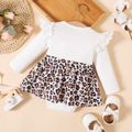 Baby Girl Lace Detail Long-sleeve Letter Print Spliced Leopard Romper White