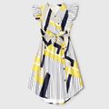 Striped Geo Print Button Front Surplice Neck Flutter-sleeve Dress for Mom and Me Colorful