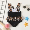 Baby Girl Leopard Bowknot Detail Ruffle Trim Spliced Cartoon Print One-Piece Swimsuit BlackandWhite image 2