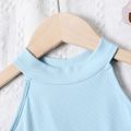 2pcs Kid Girl Ribbed Blue Halter Camisole and Faux Leather Belted Black Pants Set Light Blue
