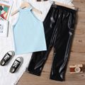 2pcs Kid Girl Ribbed Blue Halter Camisole and Faux Leather Belted Black Pants Set Light Blue
