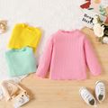 Baby Girl Solid Rib Knit Lettuce Trim Long-sleeve Top Pink image 2