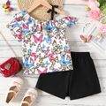 2pcs Kid Girl Butterfly Print Flounce Bowknot Design Short-sleeve Tee and Button Design Black Shorts Set Black