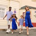 Family Matching Blue Strappy Back Tiered Cami Dresses and Striped Short-sleeve Shirts Sets Blue