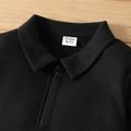 Kid Boy Basic Solid Color Waffle Lapel Collar Zipper Design Sweatshirt Black