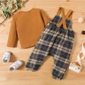 2pcs Baby Boy 95% Cotton Long-sleeve T-shirt and Plaid Overalls Set Color block