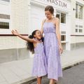100% Cotton Purple Hollow Out Floral Embroidered Spaghetti Strap Tiered Dress for Mom and Me Purple