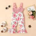 Baby Girl Ruffle Spaghetti Strap Hollow Out Bowknot Splicing Floral Print Bell Bottom Jumpsuit Pink