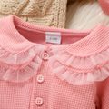 2pcs Baby Girl 95% Cotton Pink Waffle Long-sleeve Ruffled Collar 3D Floral Mesh Romper Dress with Headband Set Pink