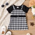 2pcs Baby Girl Solid Rib Knit Short-sleeve Top and Belted Houndstooth Cami Dress Set BlackandWhite