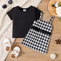 2pcs Baby Girl Solid Rib Knit Short-sleeve Top and Belted Houndstooth Cami Dress Set BlackandWhite