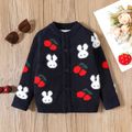Toddler Girl Cherry Rabbit Pattern Button Design Knit Sweater Deep Blue image 1