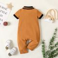 Baby Girl 95% Cotton Short-sleeve Contrast Polo Neck Button Front Jumpsuit Brown