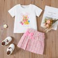 Mini Lady Toddler Girl 2pcs Bear Print Short-sleeve White T-shirt Top and Plaid Tweed Pink Skirt Set Pink