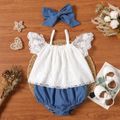 3pcs Baby Girl Cold Shoulder Lace Flutter-sleeve Top and Shorts with Headband Set DENIMBLUE