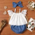3pcs Baby Girl Cold Shoulder Lace Flutter-sleeve Top and Shorts with Headband Set DENIMBLUE