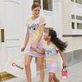 Letter Print Tie Dye Short-sleeve Drawstring Ruched Bodycon Dress for Mom and Me Colorful image 3