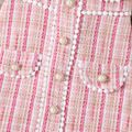 Mini Lady Toddler Girl Tweed Pompon Decor Pearl Button Puff Short-sleeve Pink Dress Pink