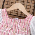 Mini Lady Toddler Girl Tweed Pompon Decor Pearl Button Puff Short-sleeve Pink Dress Pink