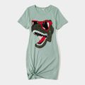 Cartoon Dinosaur Print 95% Cotton Short-sleeve Twist Knot T-shirt Dress for Mom and Me Aqua image 2