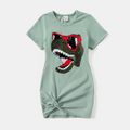 Cartoon Dinosaur Print 95% Cotton Short-sleeve Twist Knot T-shirt Dress for Mom and Me Aqua