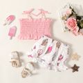 2pcs Baby Girl 100% Cotton Frill Trim Shirred Camisole and Allover Ice Cream Cone Print Shorts Set Pink image 5